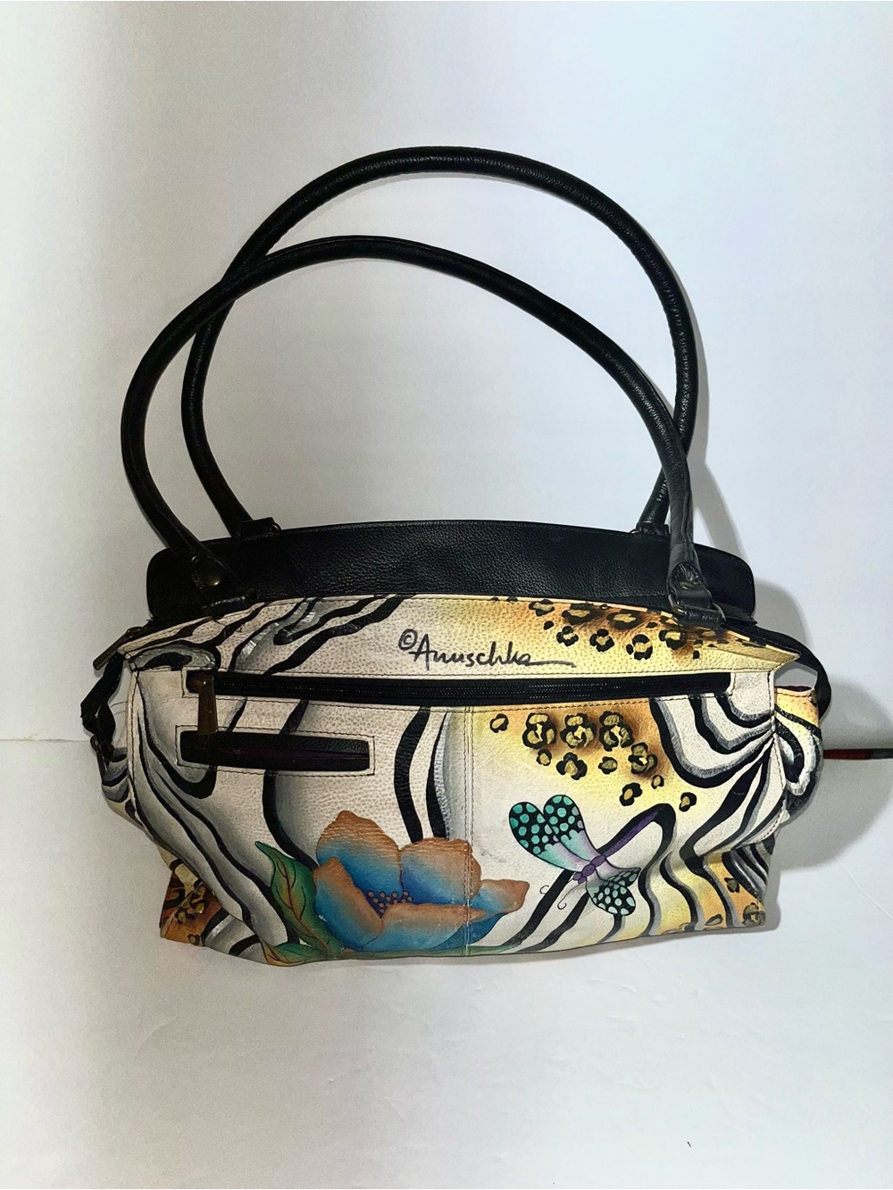 😍 Anuschka Black Trim Hand-Painted Floral & Butterfly Shoulder Bag